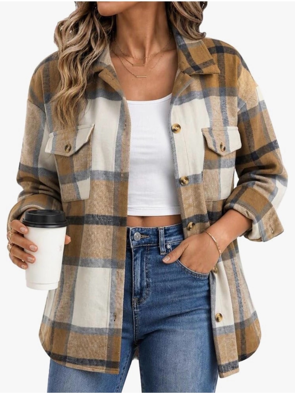 Plaid Shacket Jacket - Camel & Cream